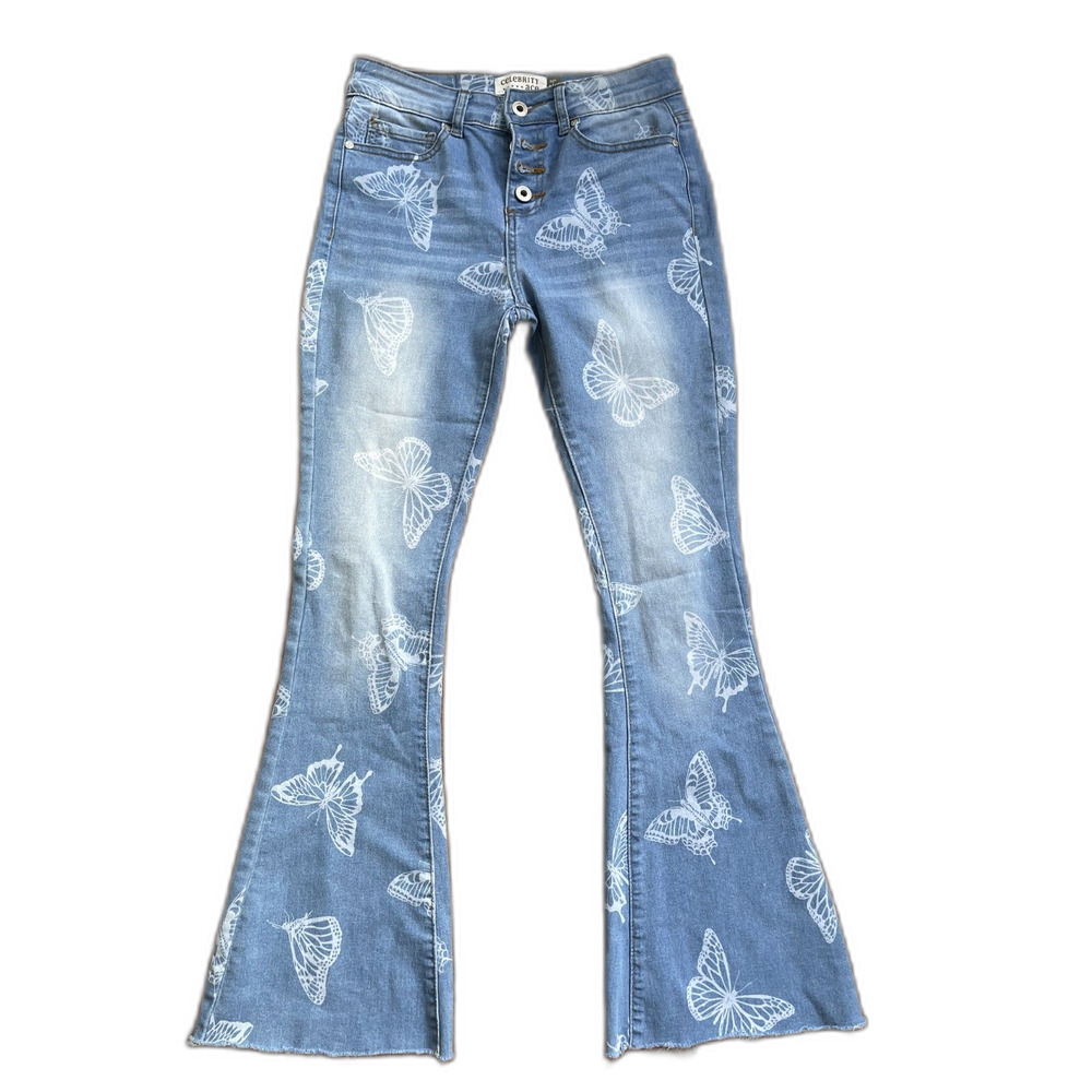 Celebrity Ace Y2K Butterfly Exposed Button Fly Flare Jeans Size 3 (26)